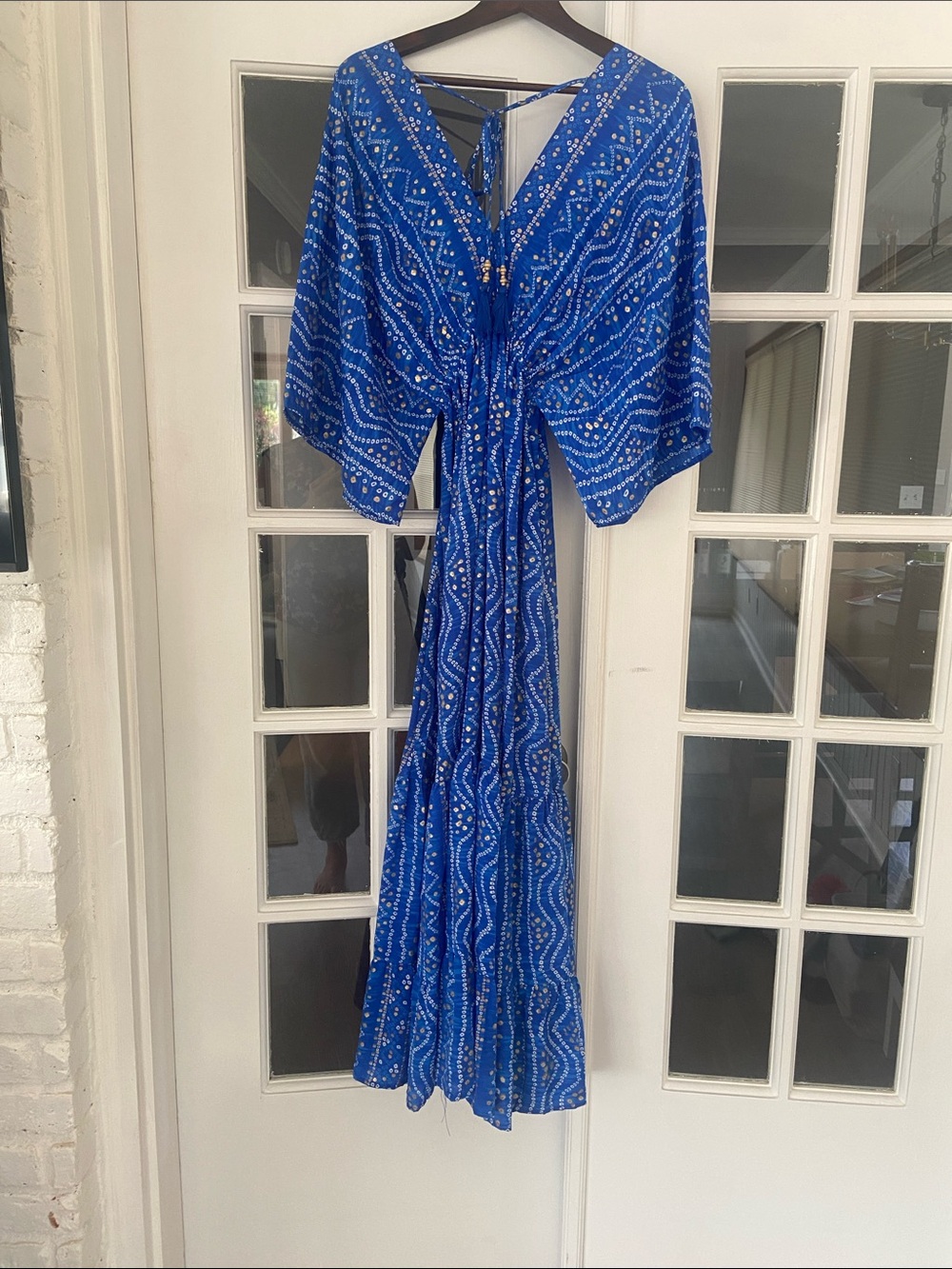 Silk Boho Blue Plunge Neck Kaftan Maxi Dress with Tassels - Picture 5 of 7
